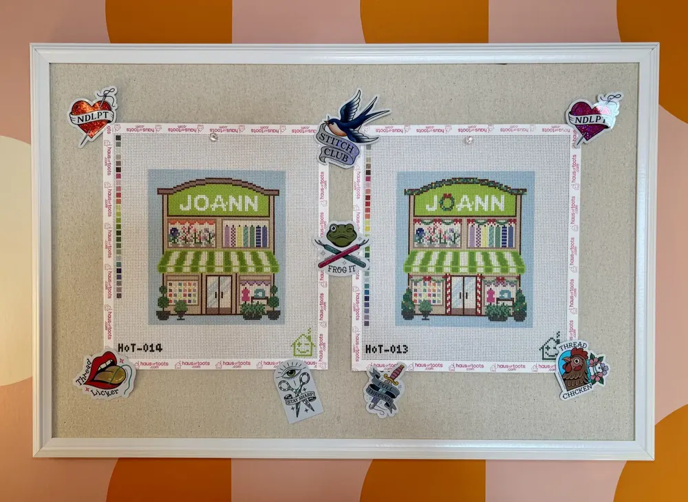 JOANN Storefront needlepoint canvases (holiday and non-holiday) framed with NDLPT Flash Sheet stickers